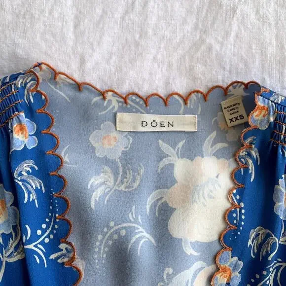 Doen Dianne Silk V Neck Puff Short Sleeve Mini Dress Blue Azure Hollyhock Hills - Picture 11 of 16